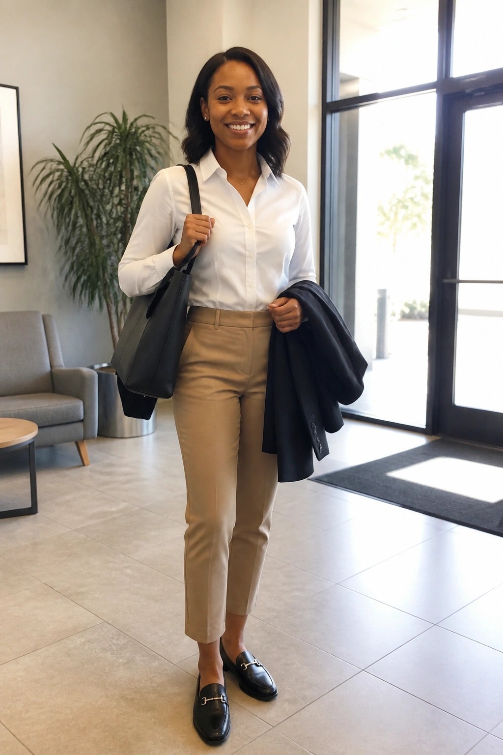 Smiling woman in white shirt and beige pants holding black bag and blazer in lobby