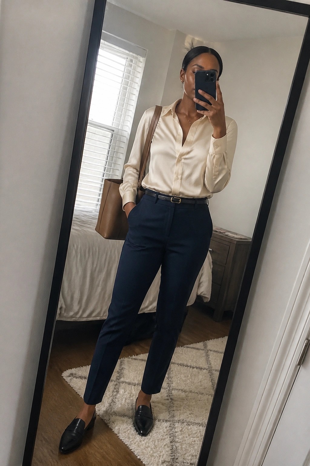 Woman in cream blouse and navy pants taking mirror selfie with brown tote.