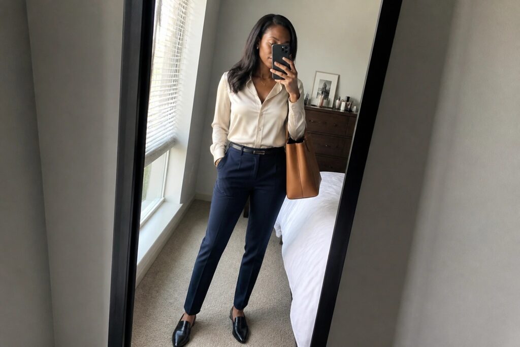 24 Professional Work Outfits for Black Women That Feel Modern and Polished Woman in cream blouse and navy pants taking mirror selfie with brown tote.