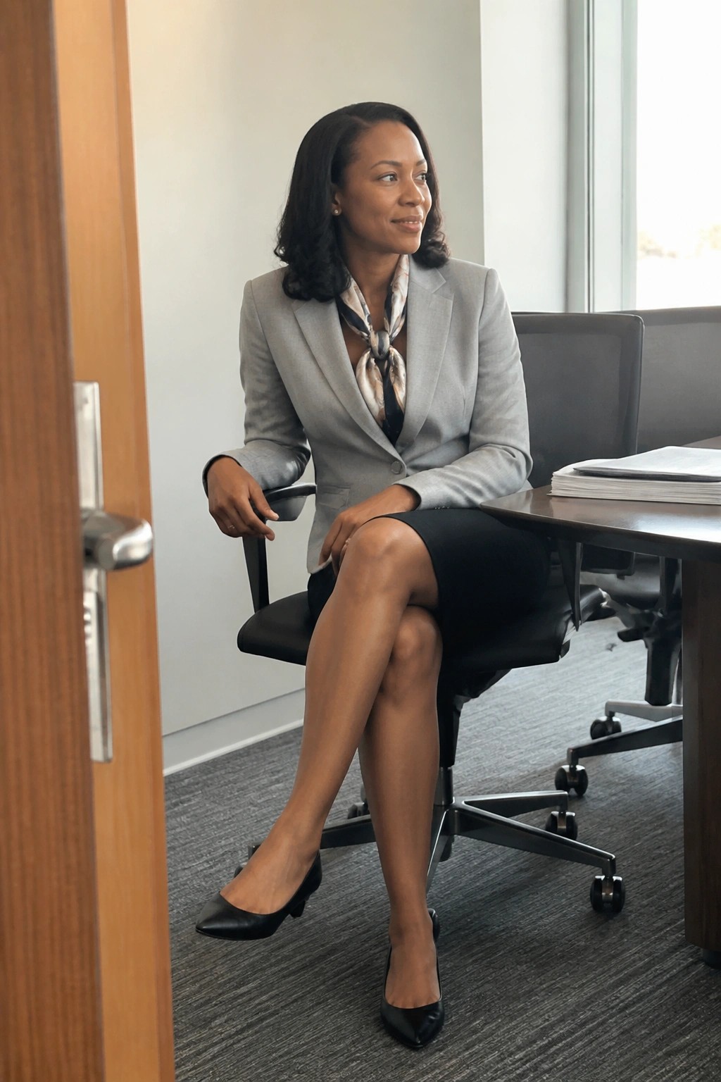 Woman in gray blazer and black skirt seated in office chair by wooden door