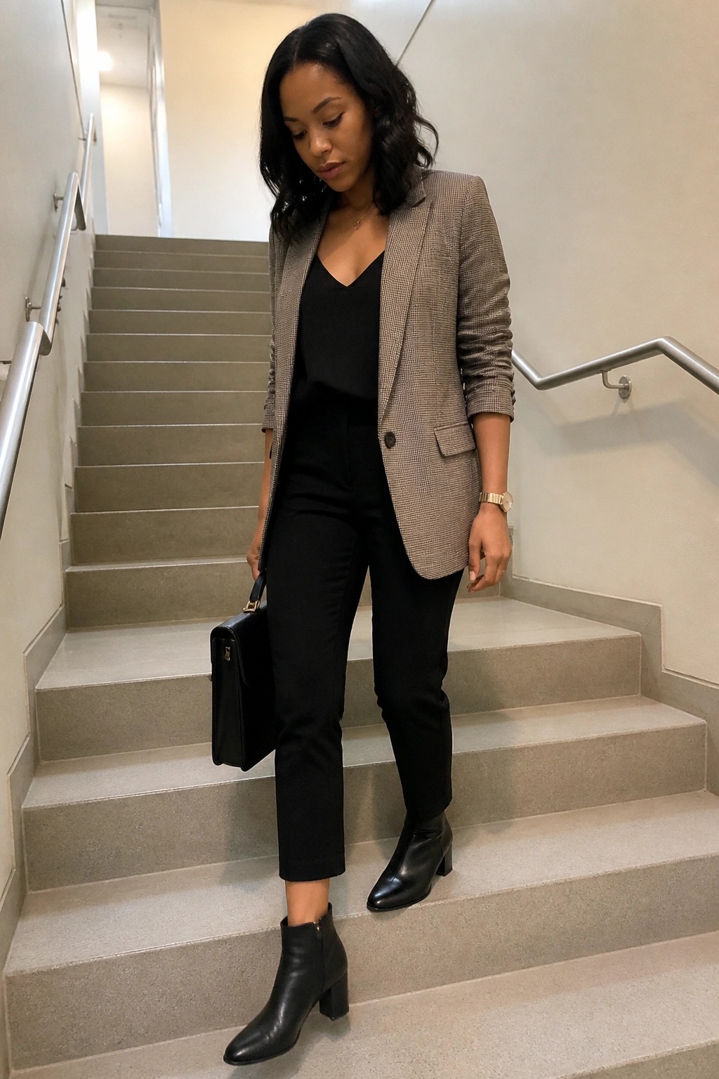 Woman in houndstooth blazer, black pants, and ankle boots holding briefcase on stairs