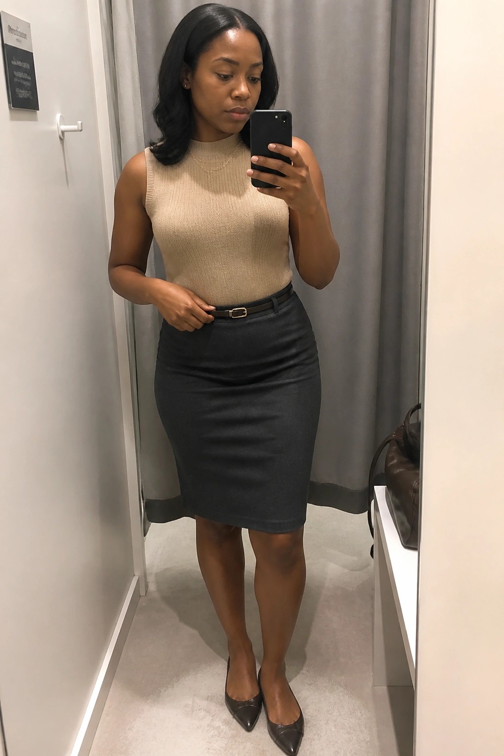 Woman wearing a beige sleeveless knit top tucked into a black pencil skirt with a thin brown belt, layered gold necklaces, brown pointed toe flats, holding a black phone in a fitting room mirror selfie.