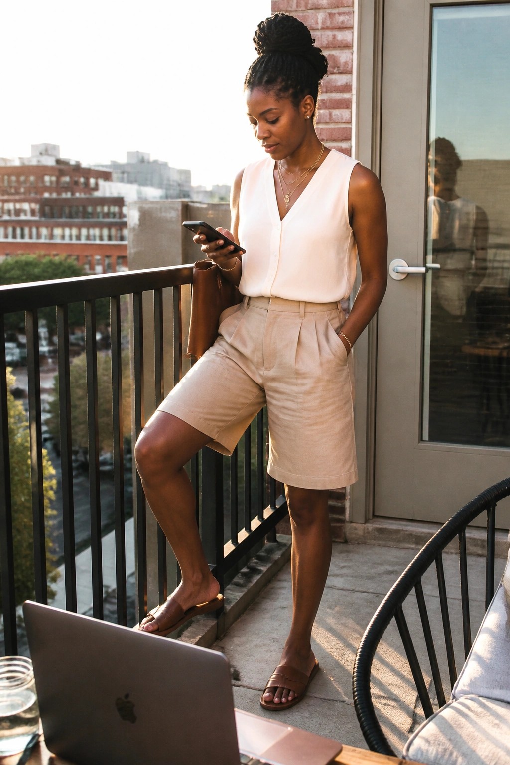 Woman in cream sleeveless button front top and beige pleated shorts with brown slides standing on balcony holding phone and brown bag.