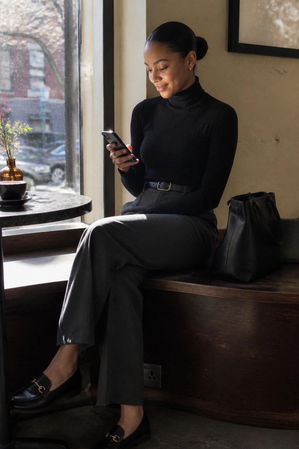 Woman in black turtleneck and gray pants views smartphone by sunny cafe window with black handbag.