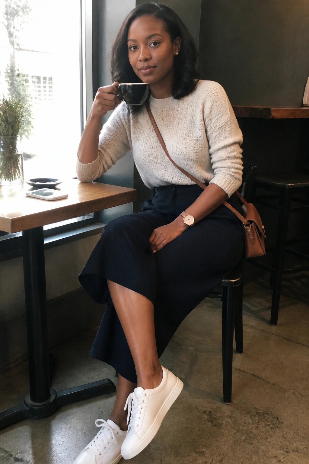 Woman in cream sweater and navy skirt sipping coffee at cafe table