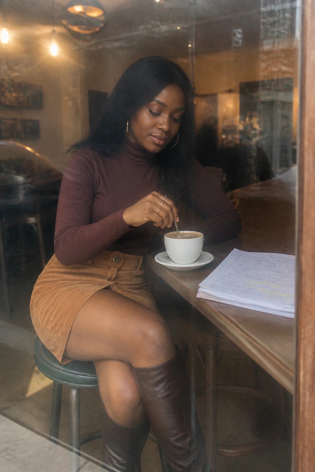 Woman in brown turtleneck and corduroy skirt stirring coffee at cafe table with papers