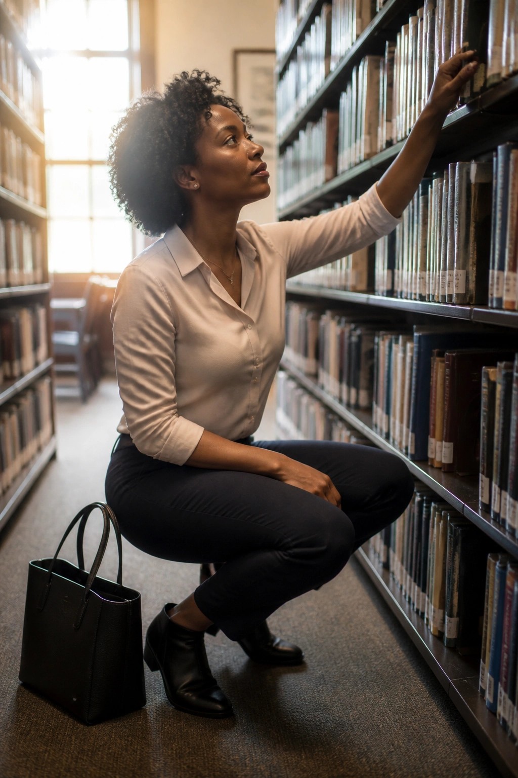 Curly-haired woman in cream shirt squats reaching for book on library shelf, handbag nearby.