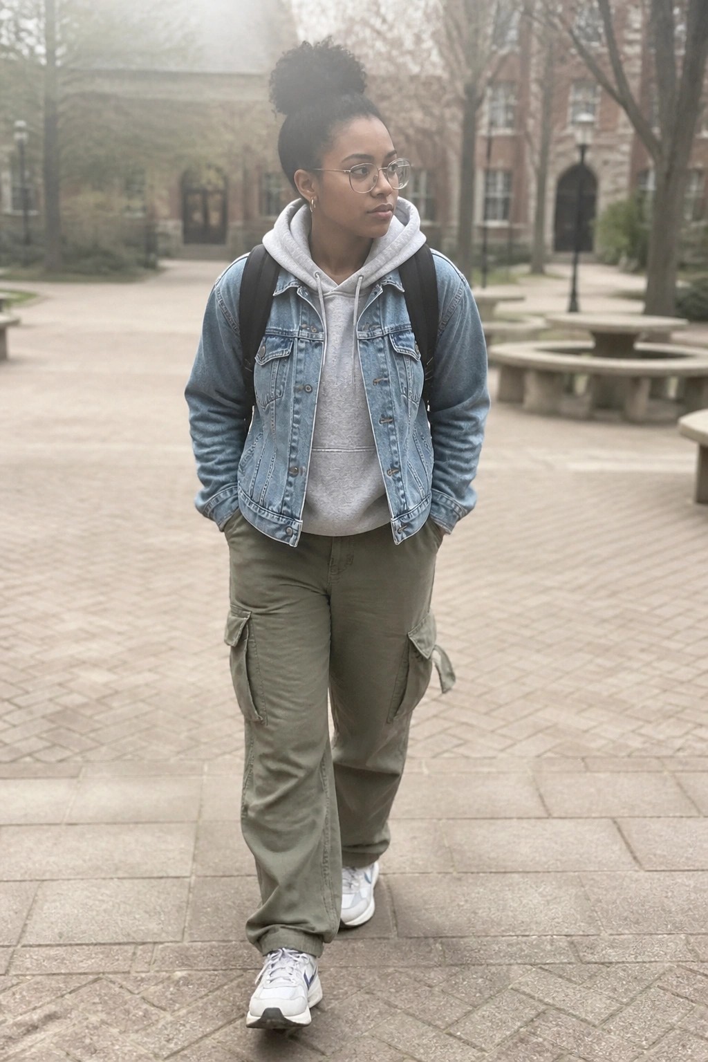 Woman in denim jacket, gray hoodie, and green cargo pants with backpack in foggy courtyard