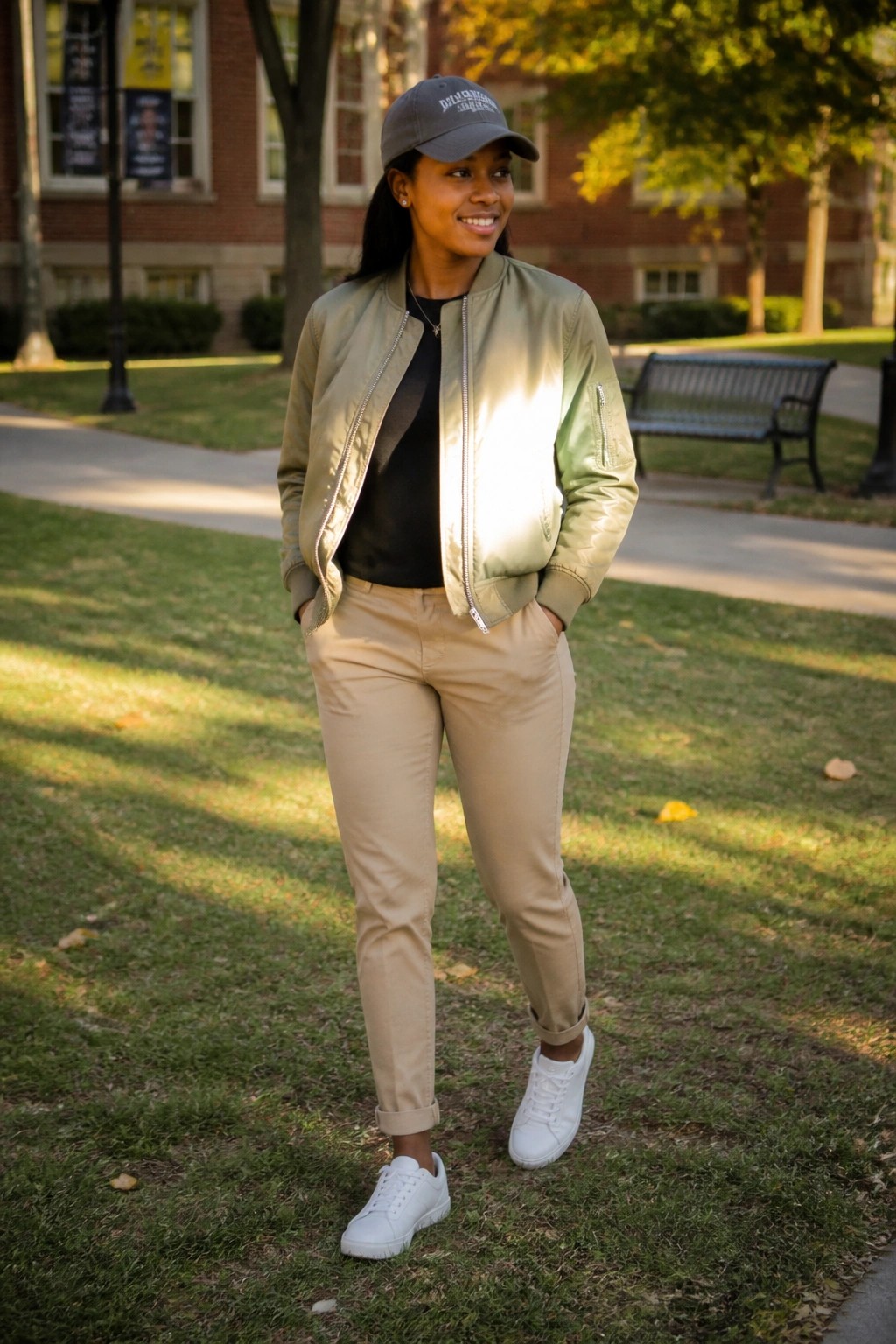 A woman stands on grass wearing an olive green bomber jacket over a black top, beige khaki pants, white sneakers, and a gray baseball cap.