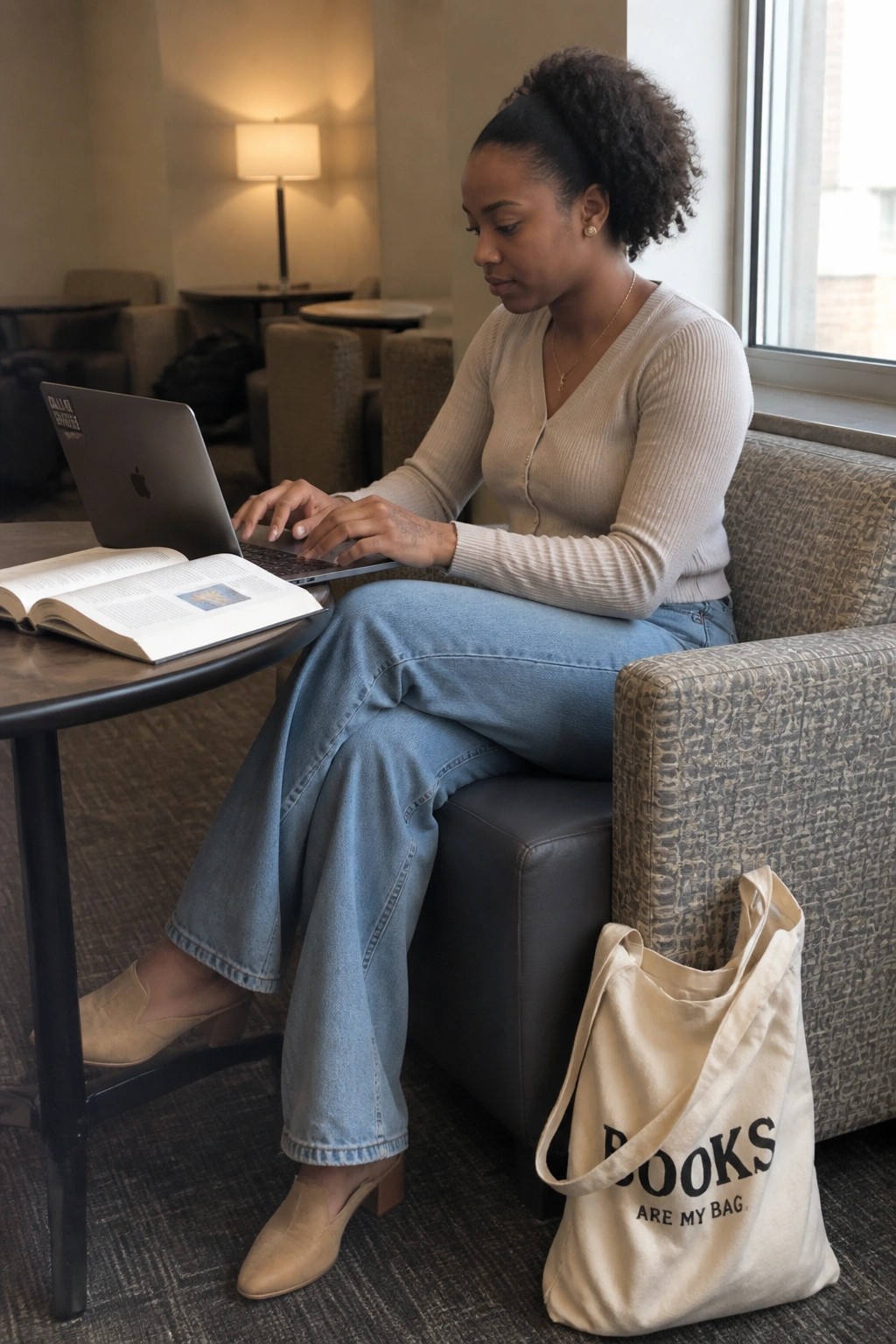 Woman in beige cardigan types on laptop beside open book and tote bag