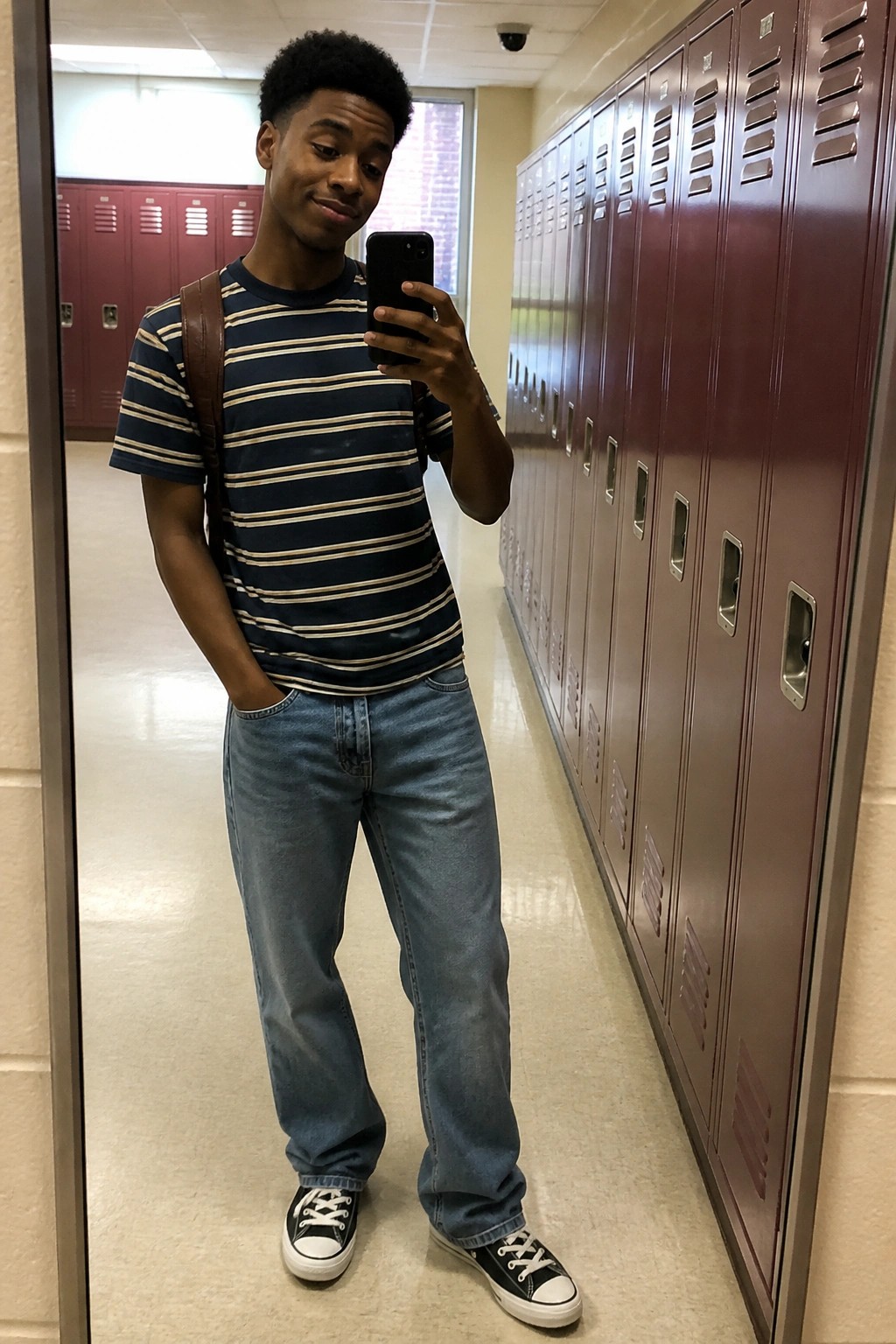 Young man in striped shirt taking mirror selfie among maroon lockers