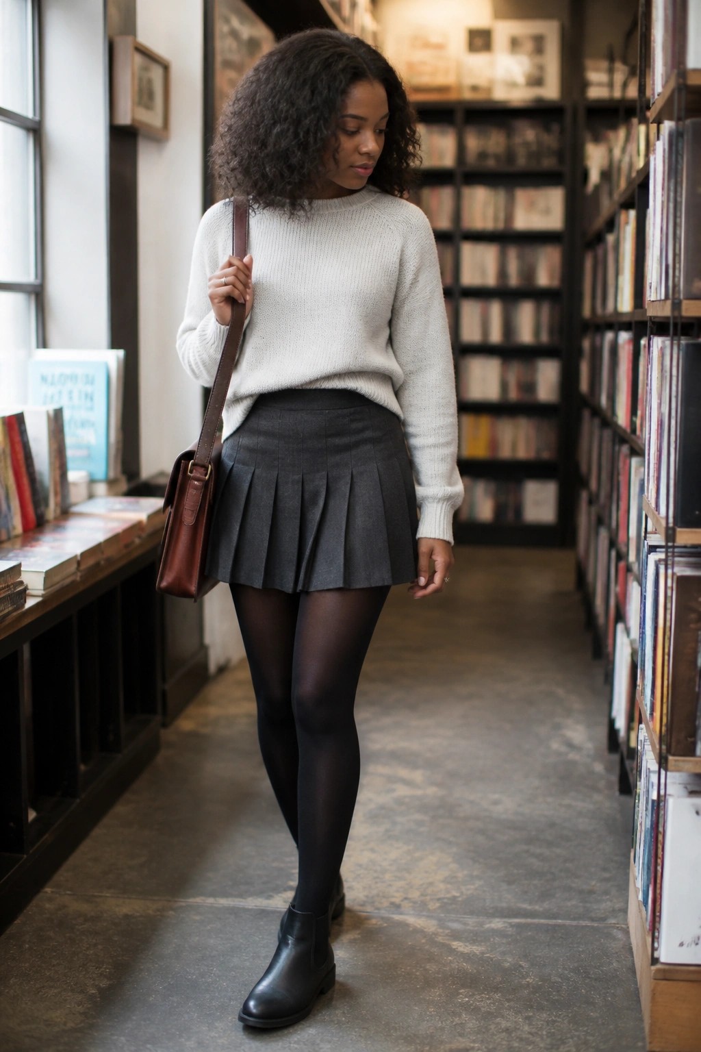 Woman wearing light gray knit sweater tucked into dark gray pleated mini skirt with black tights black ankle boots and brown leather crossbody bag.