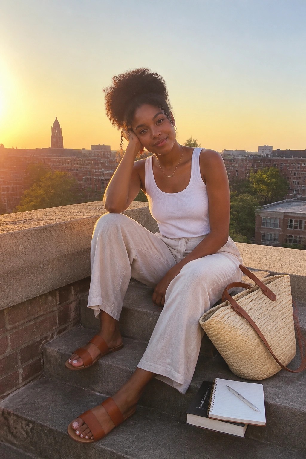 Woman in white tank top and linen pants on city rooftop at sunset with woven bag and books