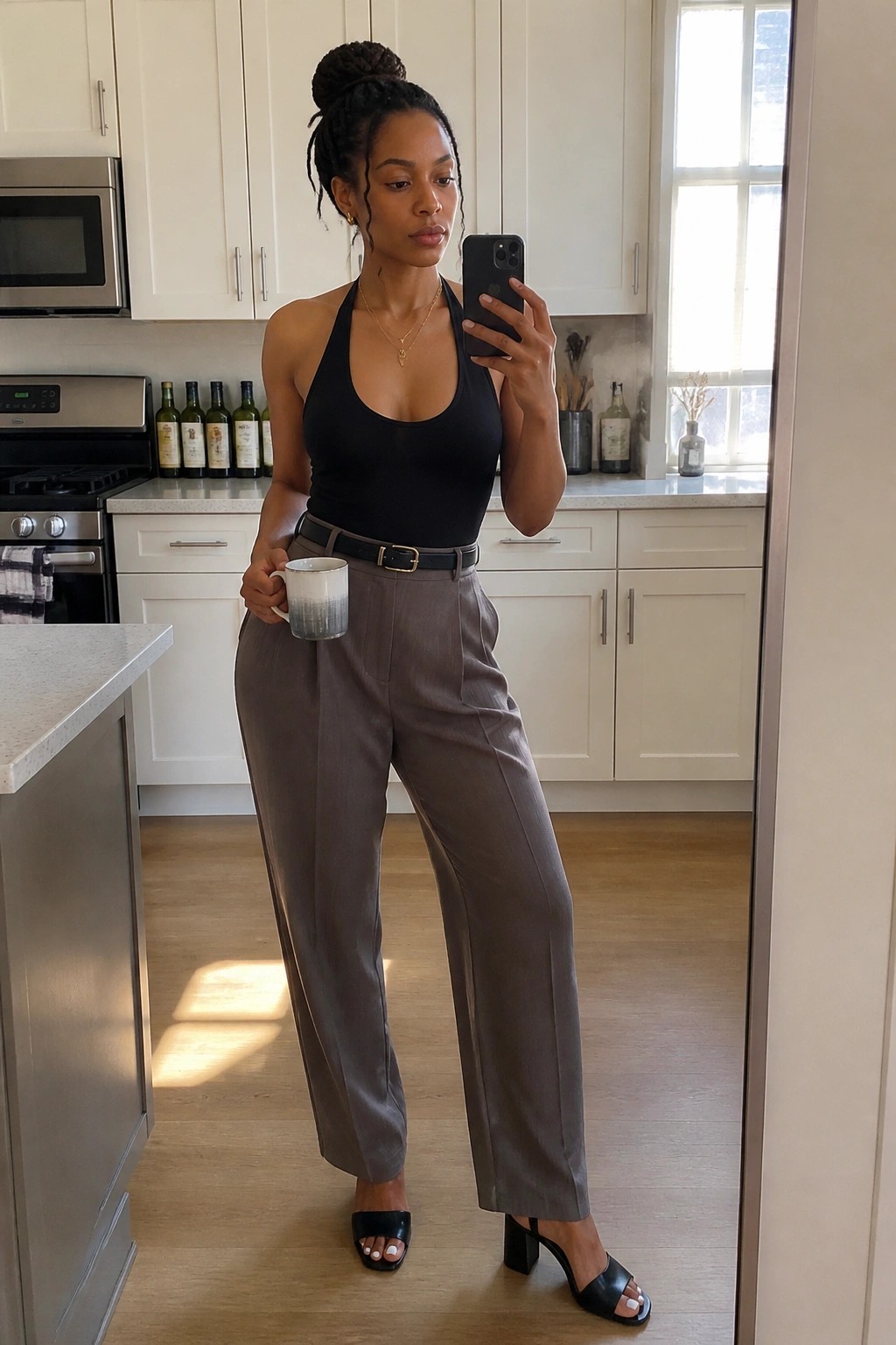 Woman in black halter top and gray trousers taking mirror selfie in kitchen holding mug