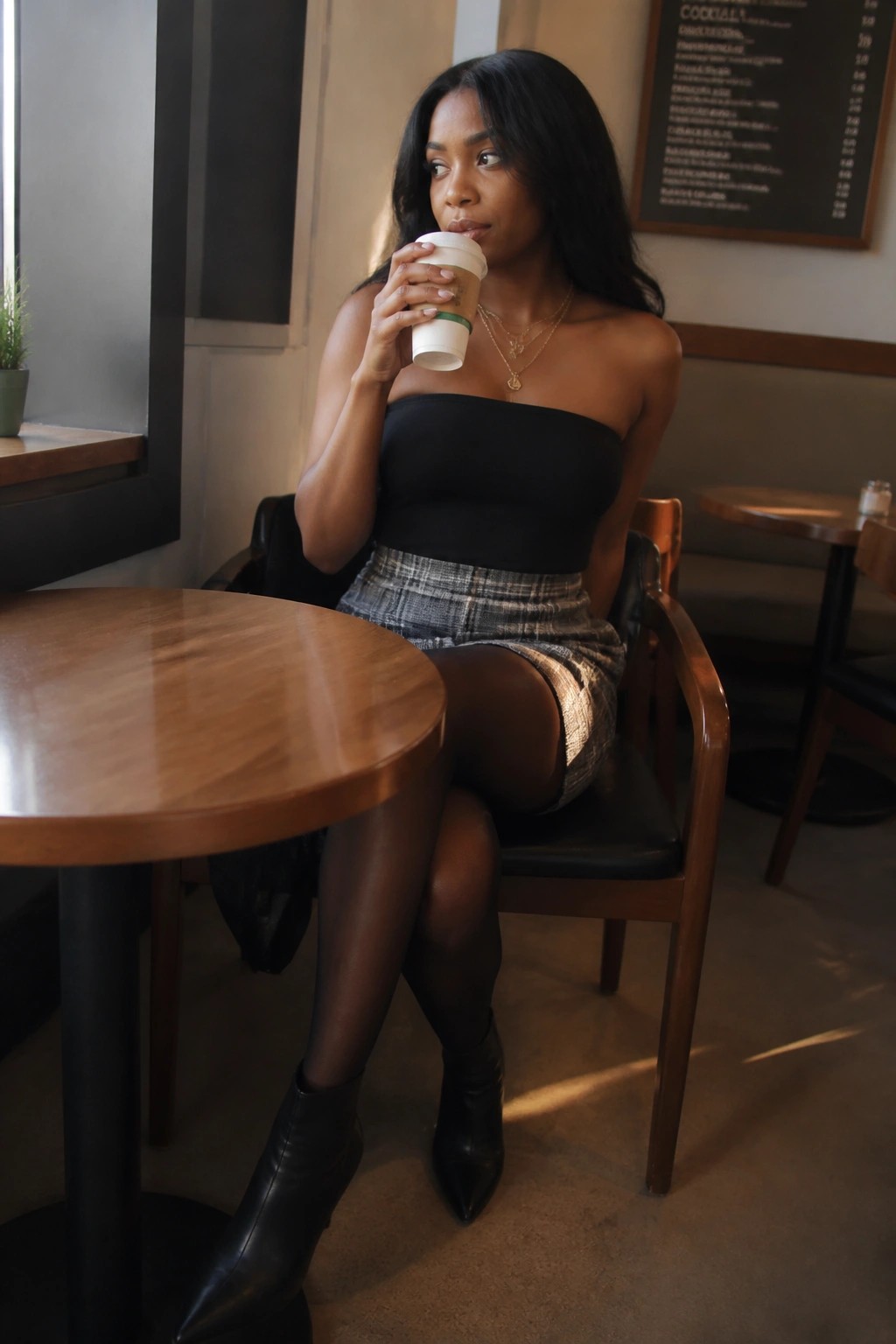 Woman in black strapless top and plaid skirt sipping coffee in cafe