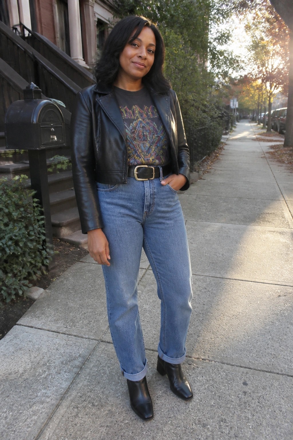 A woman stands on a sidewalk wearing a cropped black leather jacket over a colorful graphic t-shirt, blue straight leg jeans with a black belt, and black ankle boots, with one hand in her pocket.