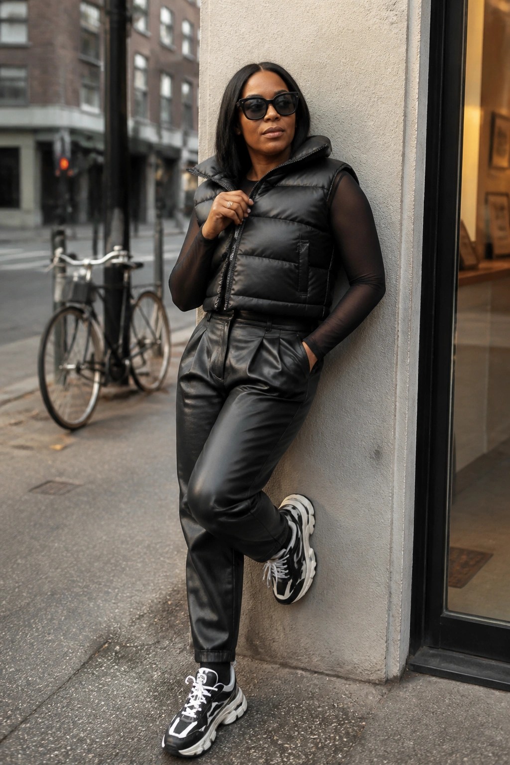 Woman in black puffer vest and leather pants leaning against urban wall with sneakers