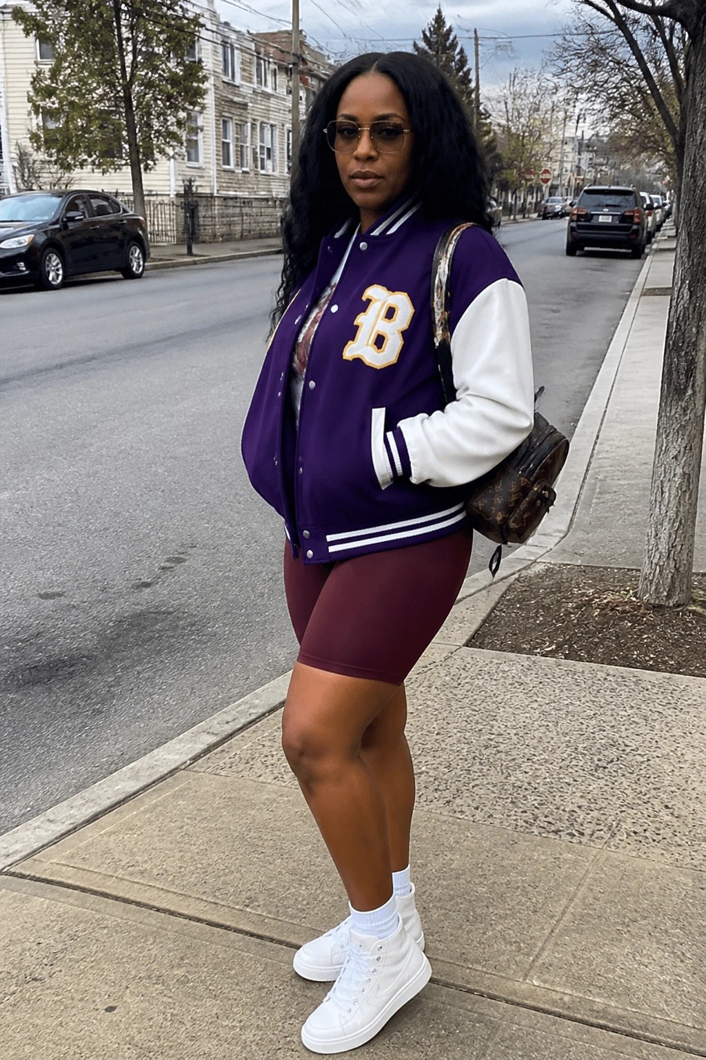 Woman in purple varsity jacket and maroon shorts with backpack on sidewalk