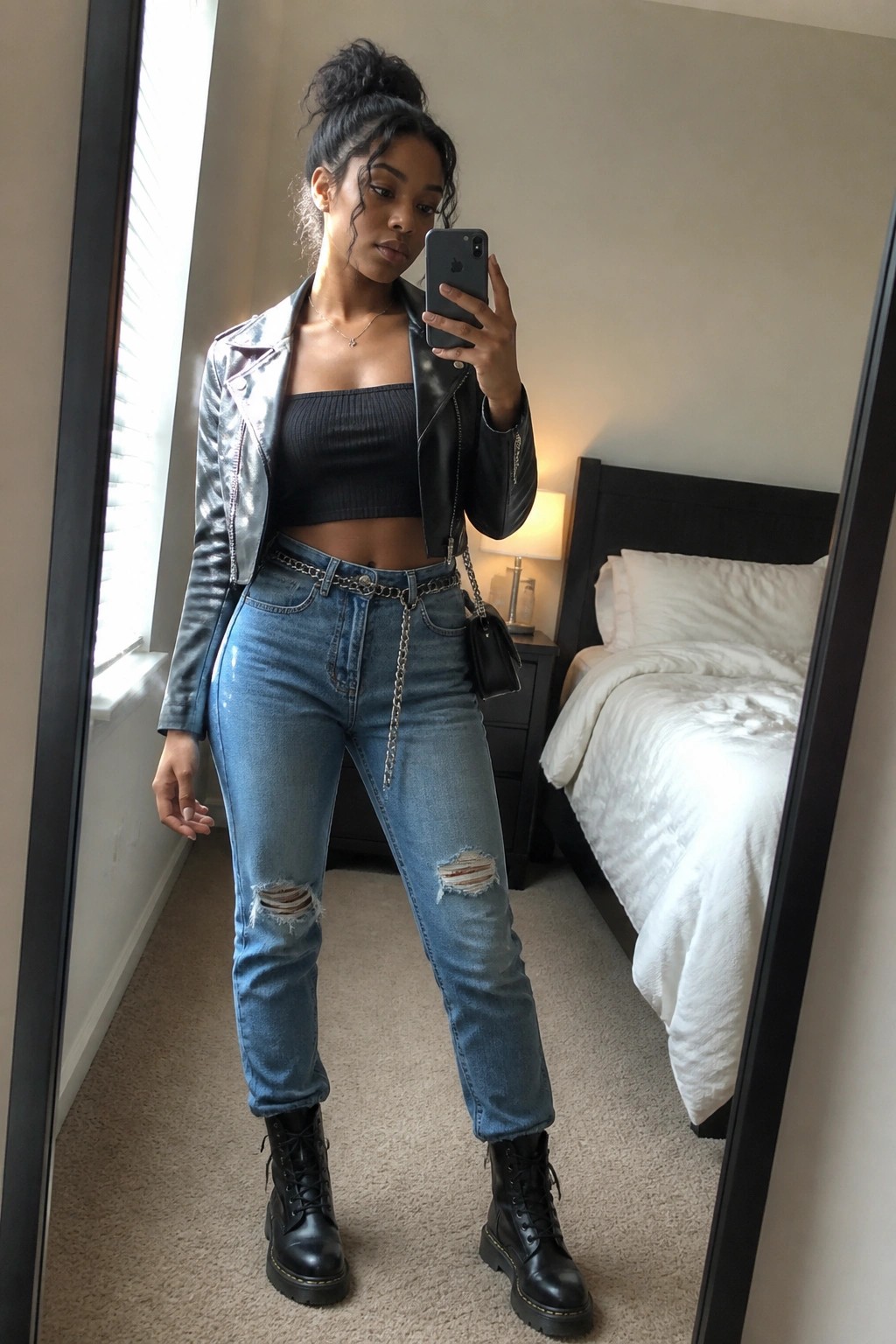 Woman wearing black and silver leather moto jacket over black crop top with blue ripped jeans chain belt and black combat boots in mirror selfie pose.