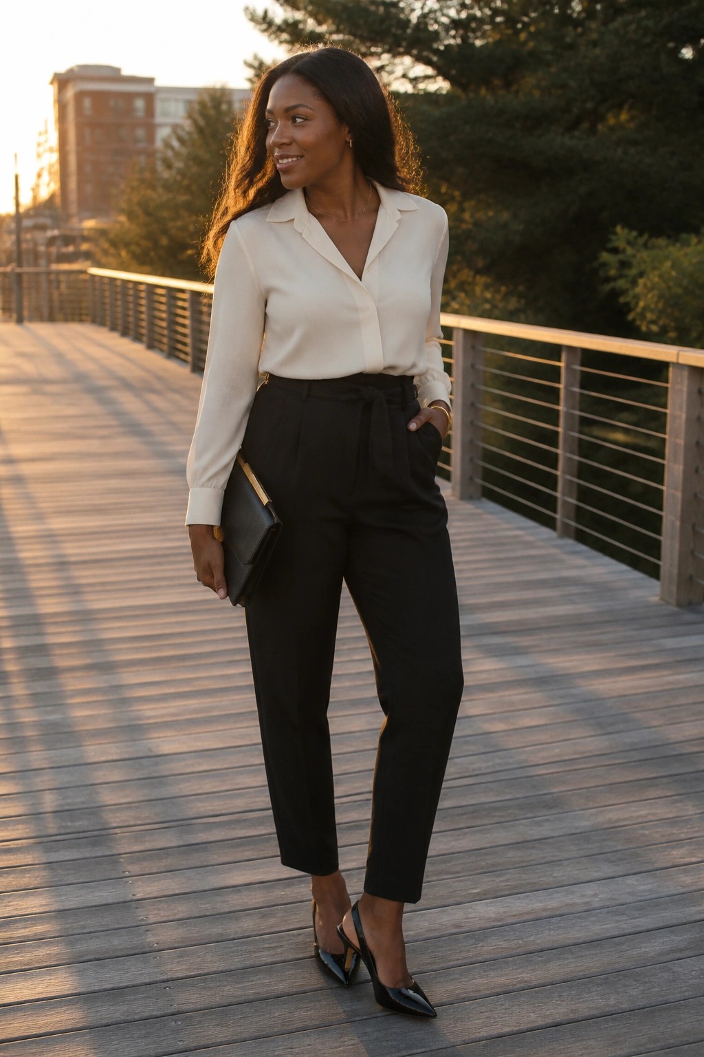 Woman in cream blouse and black trousers holding clutch on wooden bridge at sunset