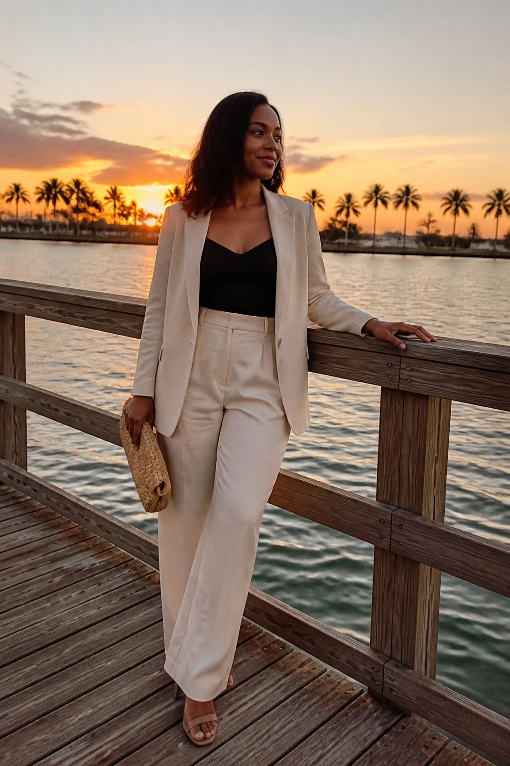 Woman in white pantsuit holds clutch on wooden pier at sunset