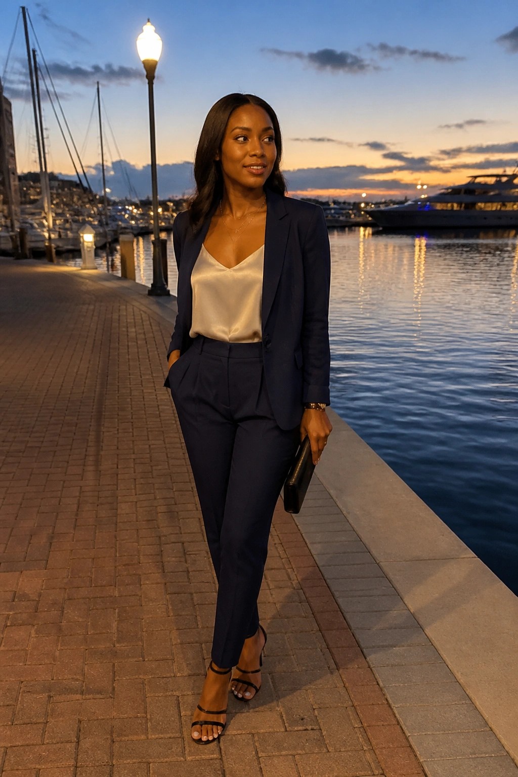 Woman wearing a navy pantsuit with ivory satin camisole, black strappy heels, and black clutch standing on a brick waterfront path.