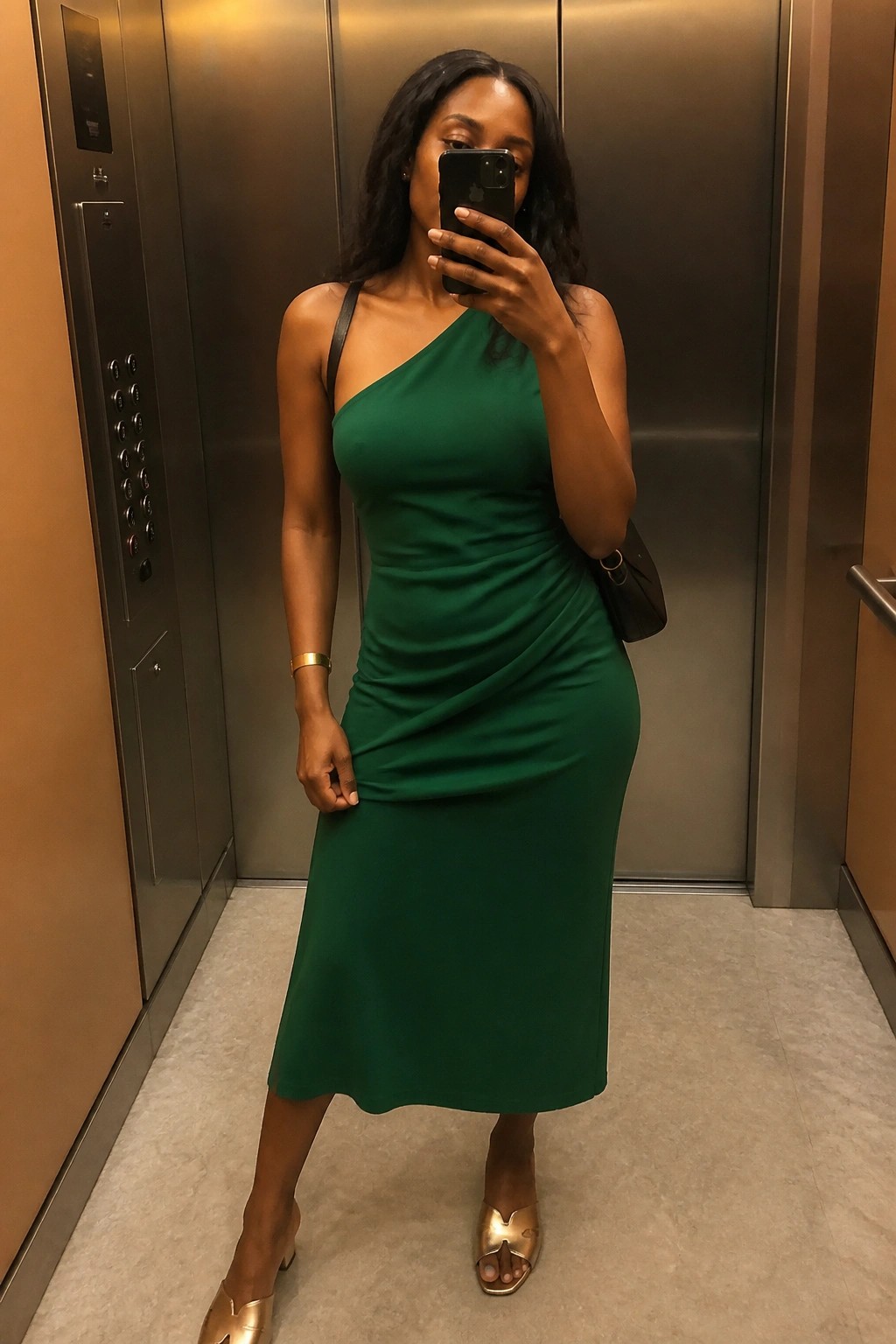 Woman in green one-shoulder dress taking selfie in elevator with gold heels
