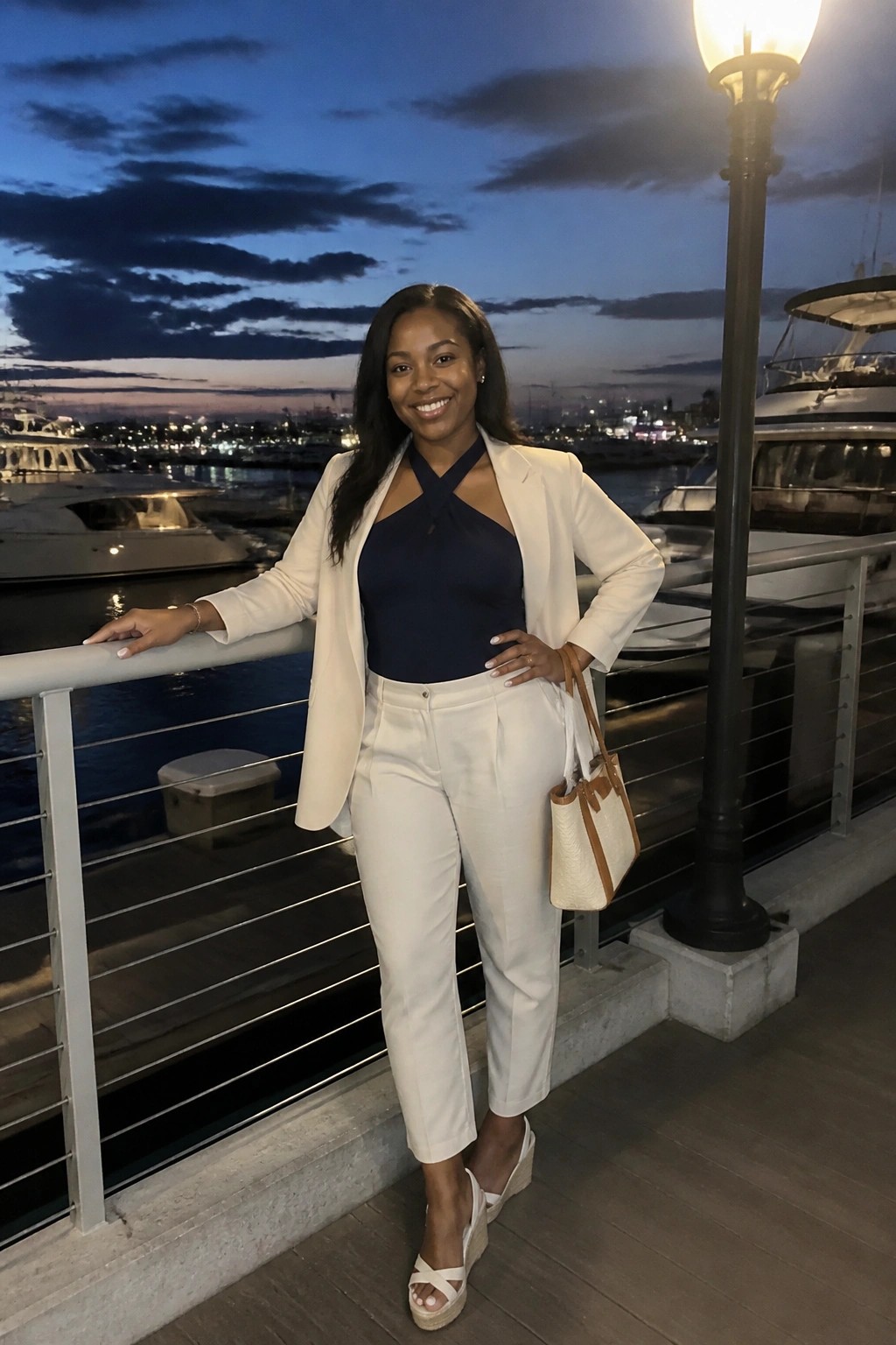 Smiling woman in white blazer and pants by marina with yachts at dusk