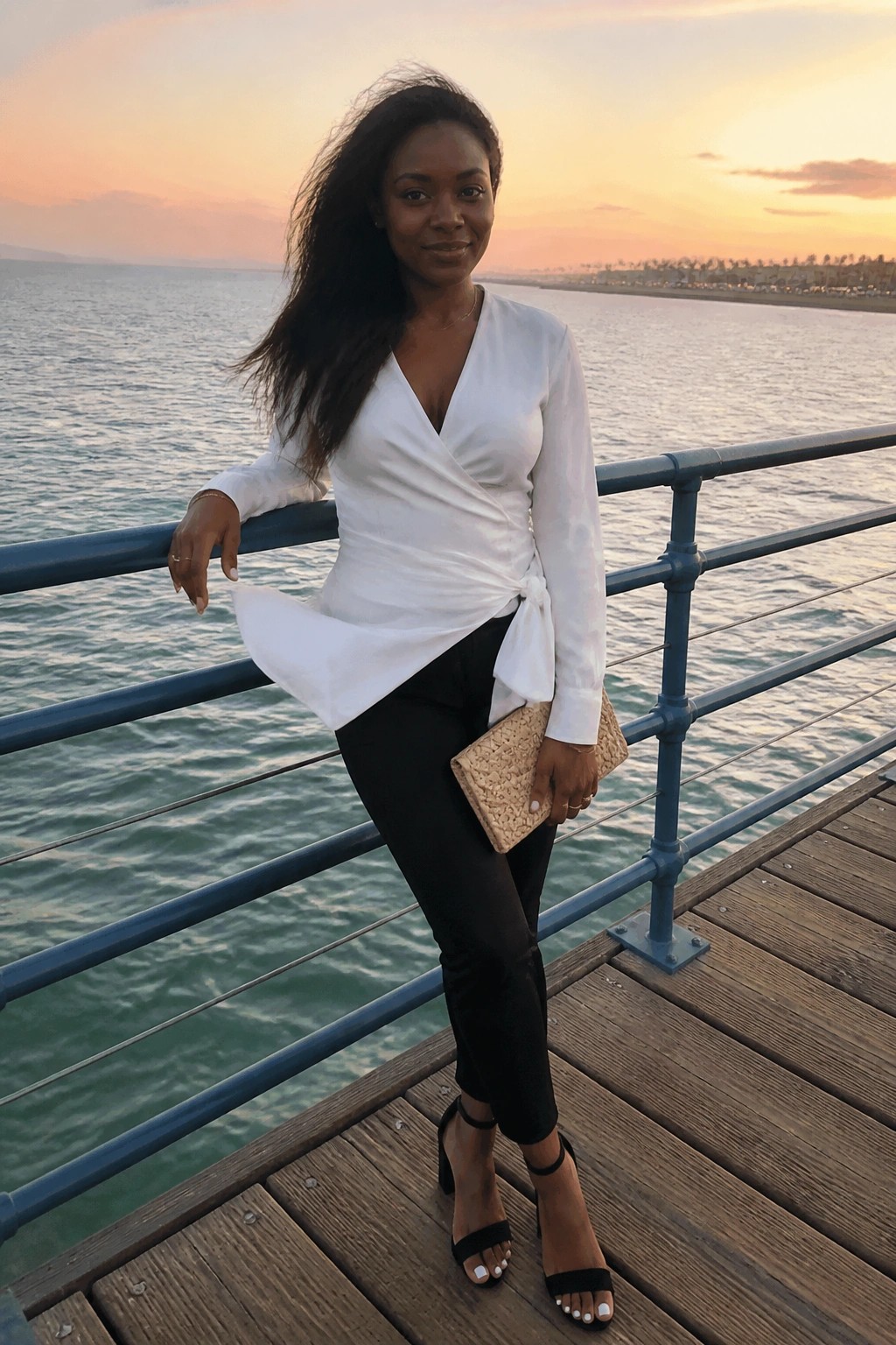 Woman in white wrap blouse and black pants on pier at sunset