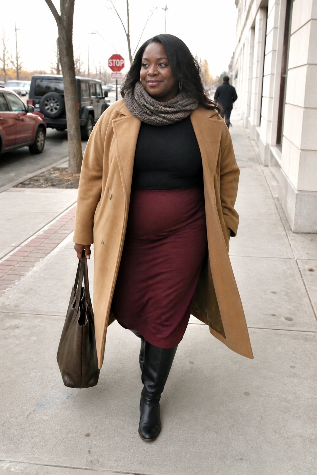 A plus-size Black woman wearing a camel coat open over a black top and maroon pencil skirt with black knee boots, a gray scarf, and a brown tote bag while walking on a sidewalk.