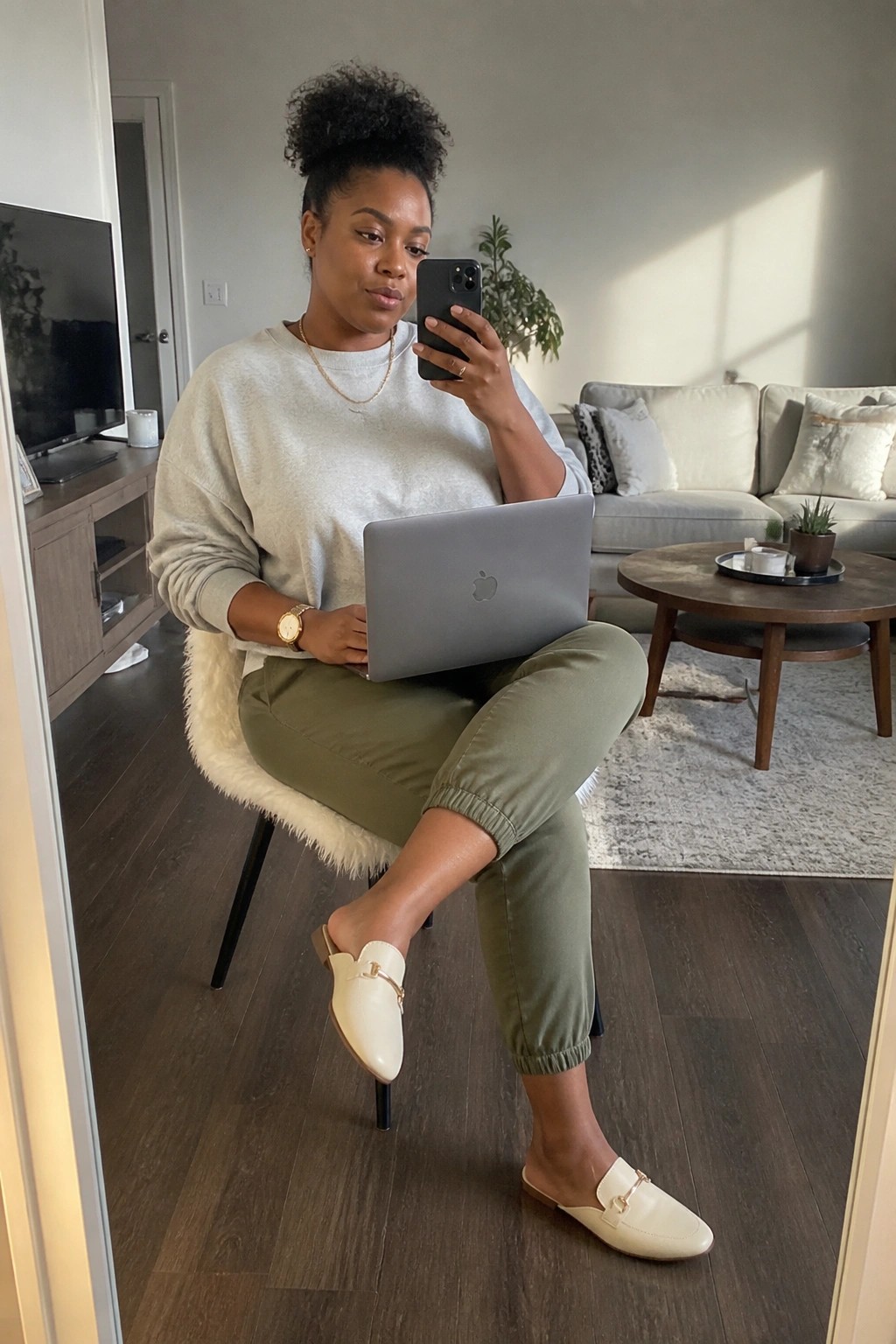 Woman in gray sweatshirt and olive pants using phone and laptop in living room