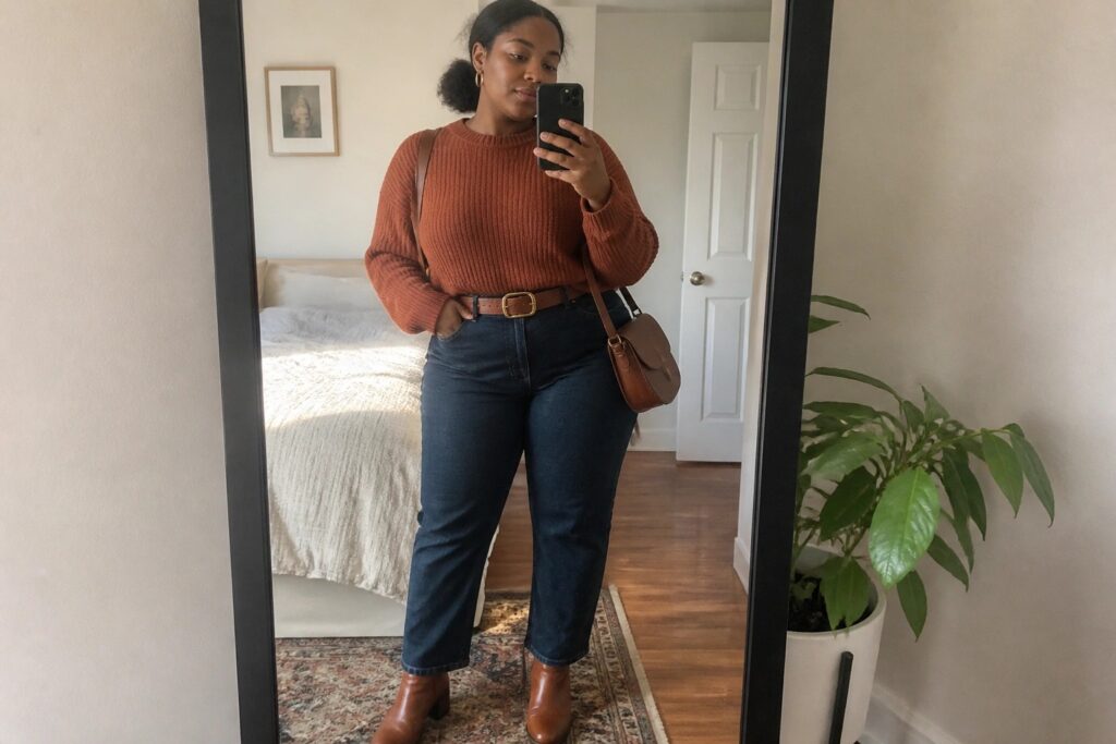 Woman in rust sweater and jeans taking mirror selfie in bedroom