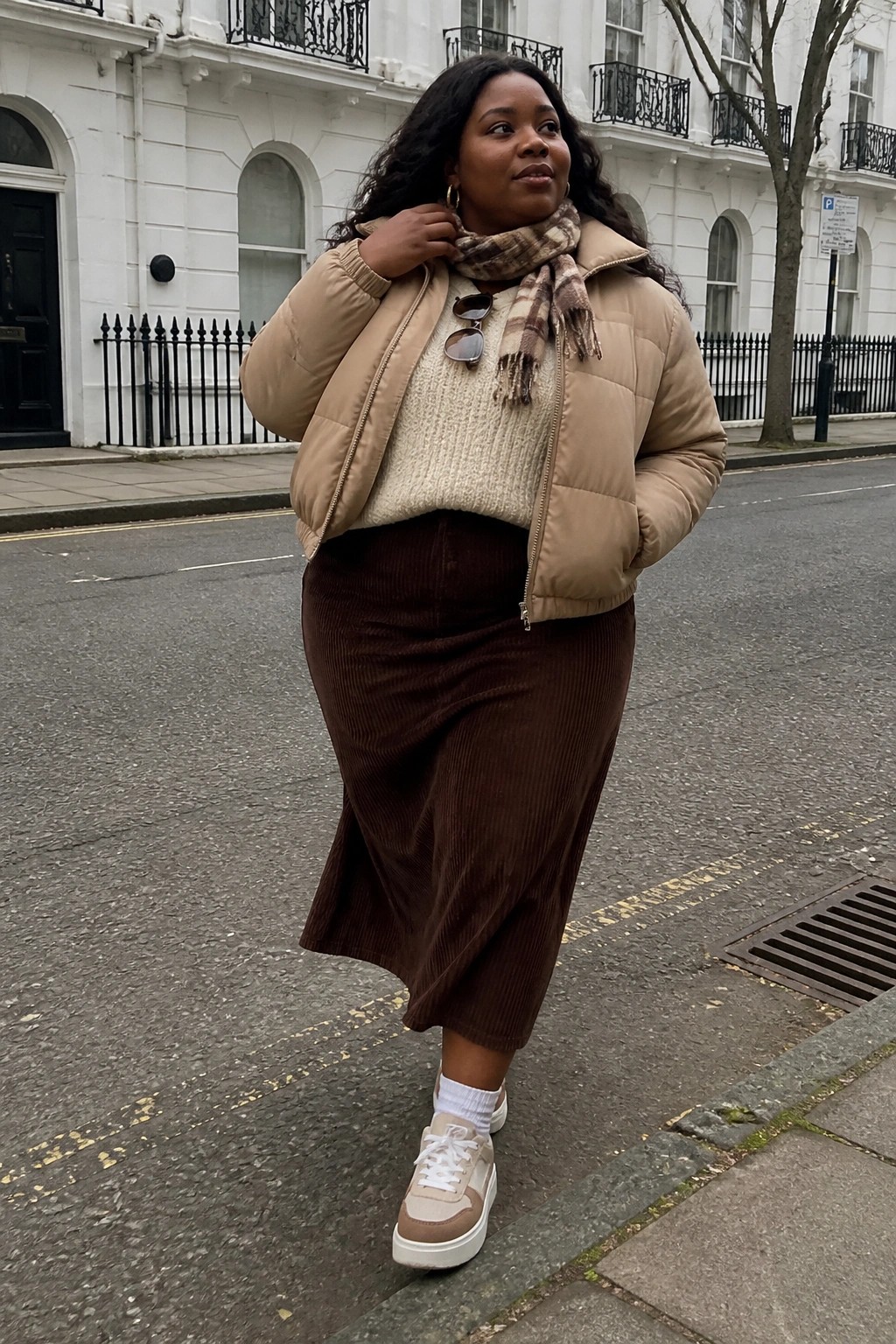 Woman in beige puffer jacket, plaid scarf, and brown corduroy skirt on city street