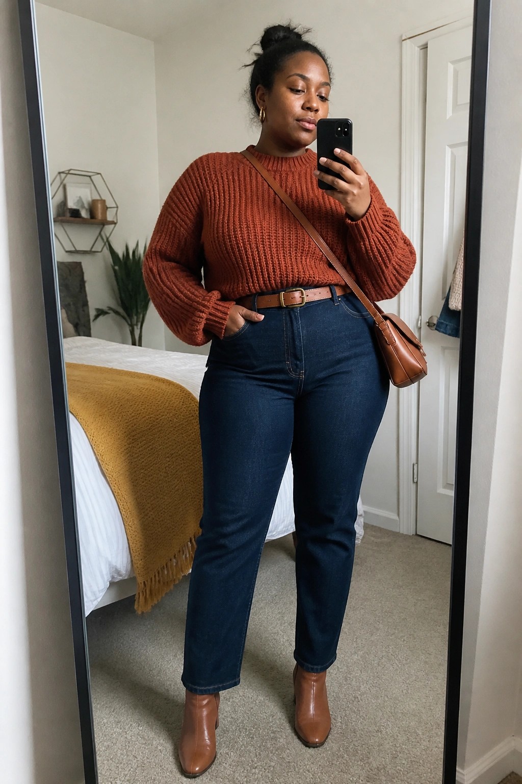 Woman in rust sweater and jeans taking mirror selfie in bedroom