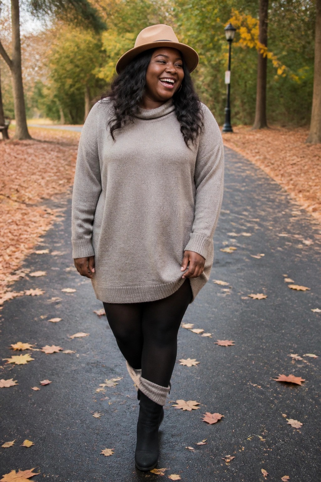 Smiling woman in beige oversized sweater and hat on autumn leaf path