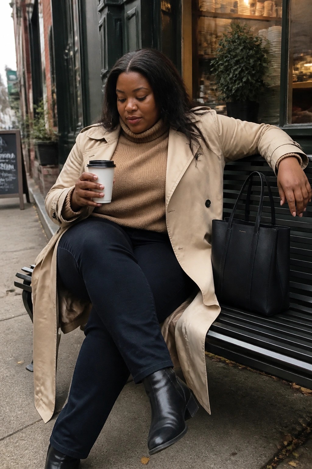 Plus-size Black woman in a beige trench coat over a camel turtleneck sweater paired with dark pants and black ankle boots, holding a white coffee cup beside a black tote bag on a bench.