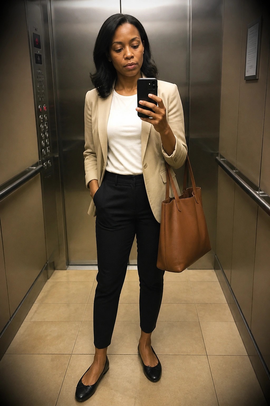 Woman in beige blazer and black pants viewing smartphone in elevator with brown tote