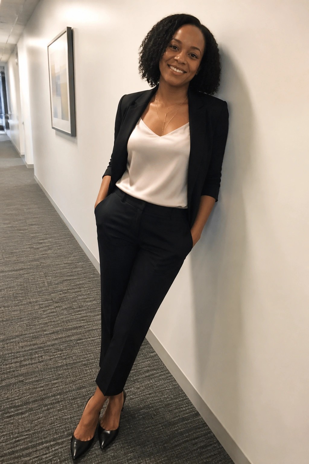 Smiling woman in black blazer and white top leaning against hallway wall