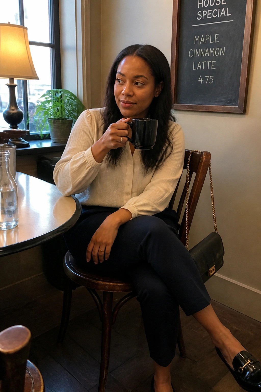 Woman in white blouse and dark pants holding black mug in cafe with chalkboard sign