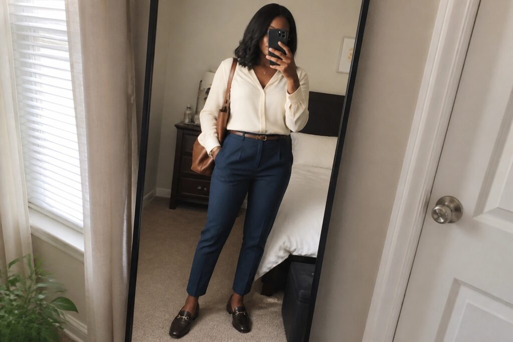 25 Office Outfits for Black Women That Balance Comfort and Professionalism Woman in cream blouse and navy pants taking mirror selfie in bedroom