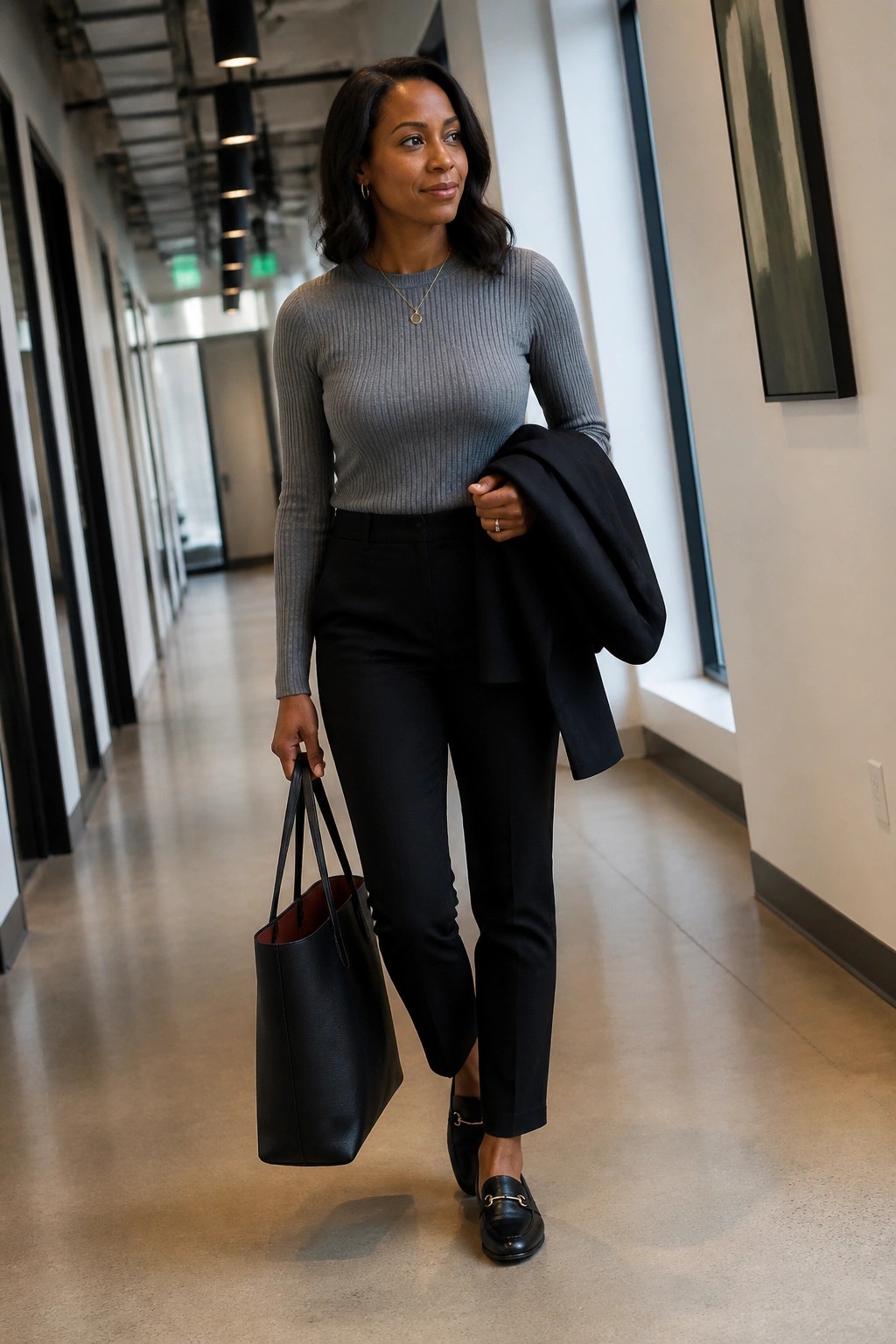 Woman in gray sweater and black pants carrying tote bag and jacket in hallway