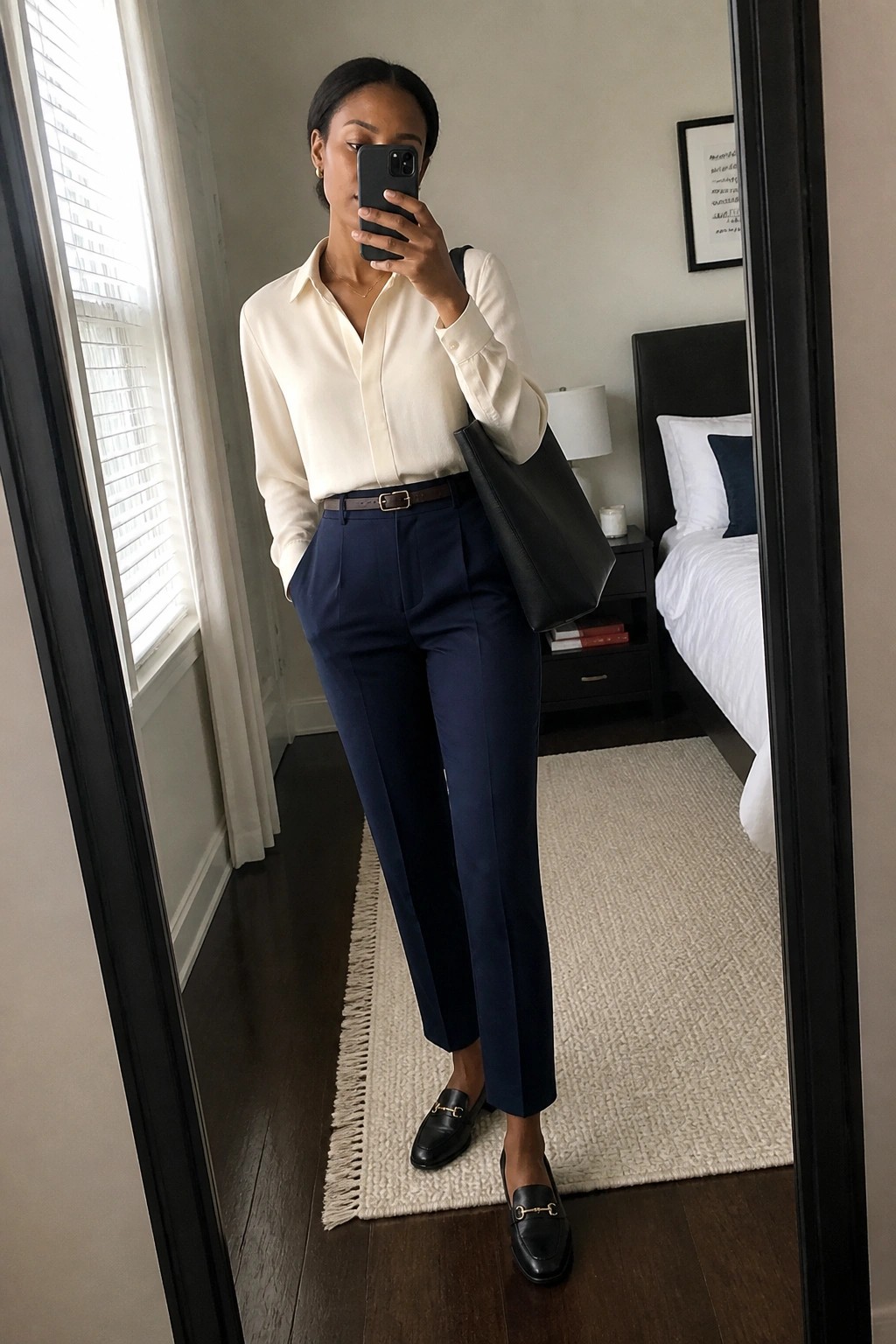 Woman in cream blouse and navy pants taking mirror selfie in bedroom