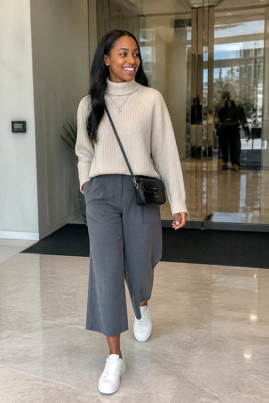 Smiling woman in cream turtleneck sweater, gray wide pants, white sneakers, black bag