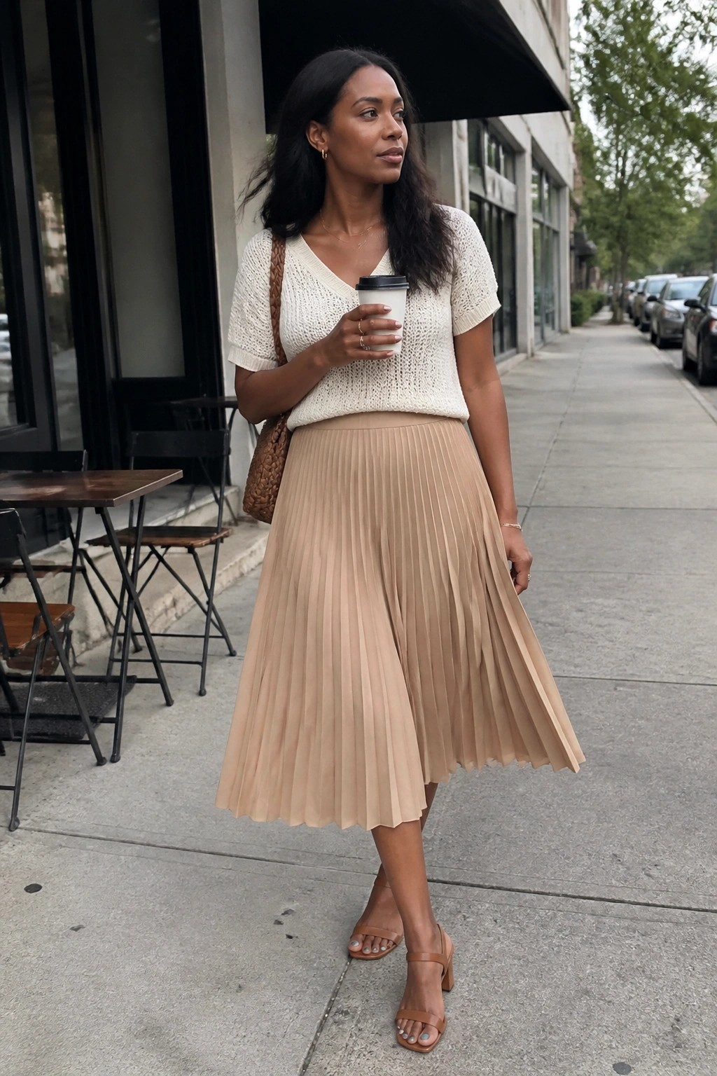 Woman in white knit top and beige pleated skirt holding coffee on sidewalk