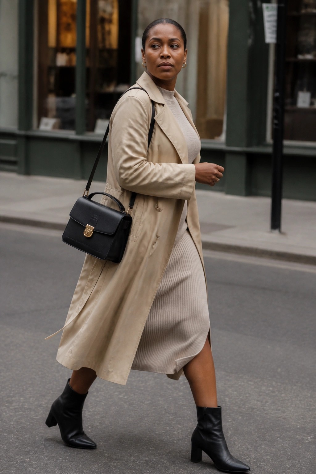 Woman in beige trench coat with black handbag walking on city street