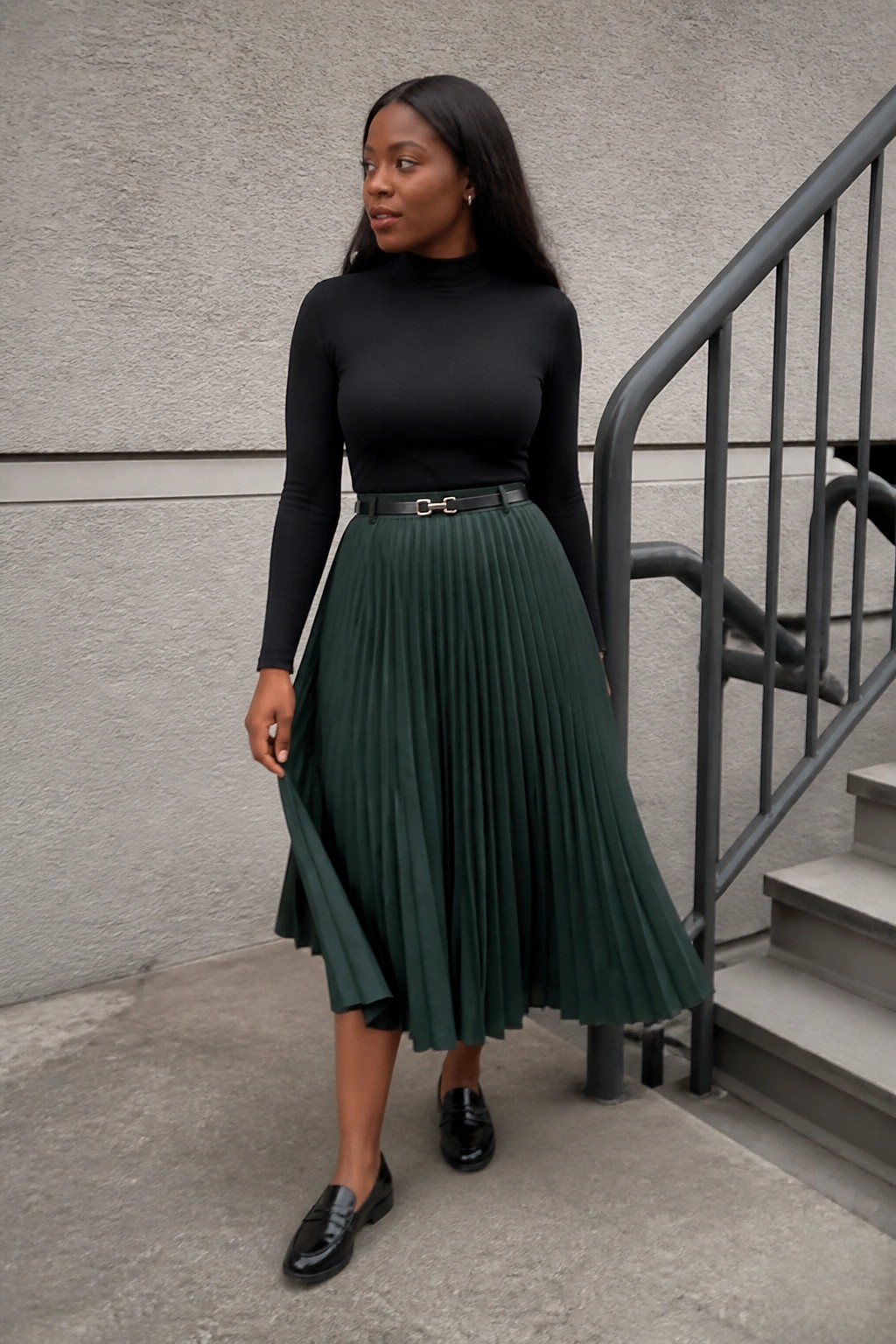 Woman wearing a black fitted turtleneck tucked into a dark green pleated midi skirt with a slim black belt and black loafers standing near stairs.