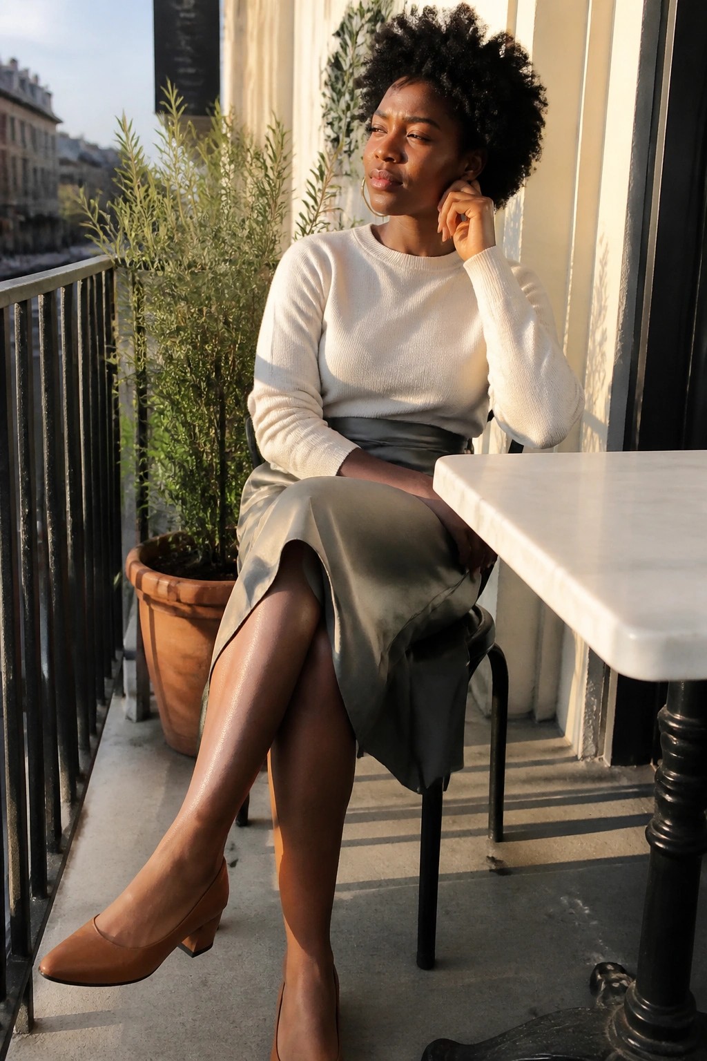 Woman wearing a cream knit sweater tucked into a sage green satin midi skirt with a side slit, paired with brown pointed toe low heels and a gold hoop earring, seated at a table.