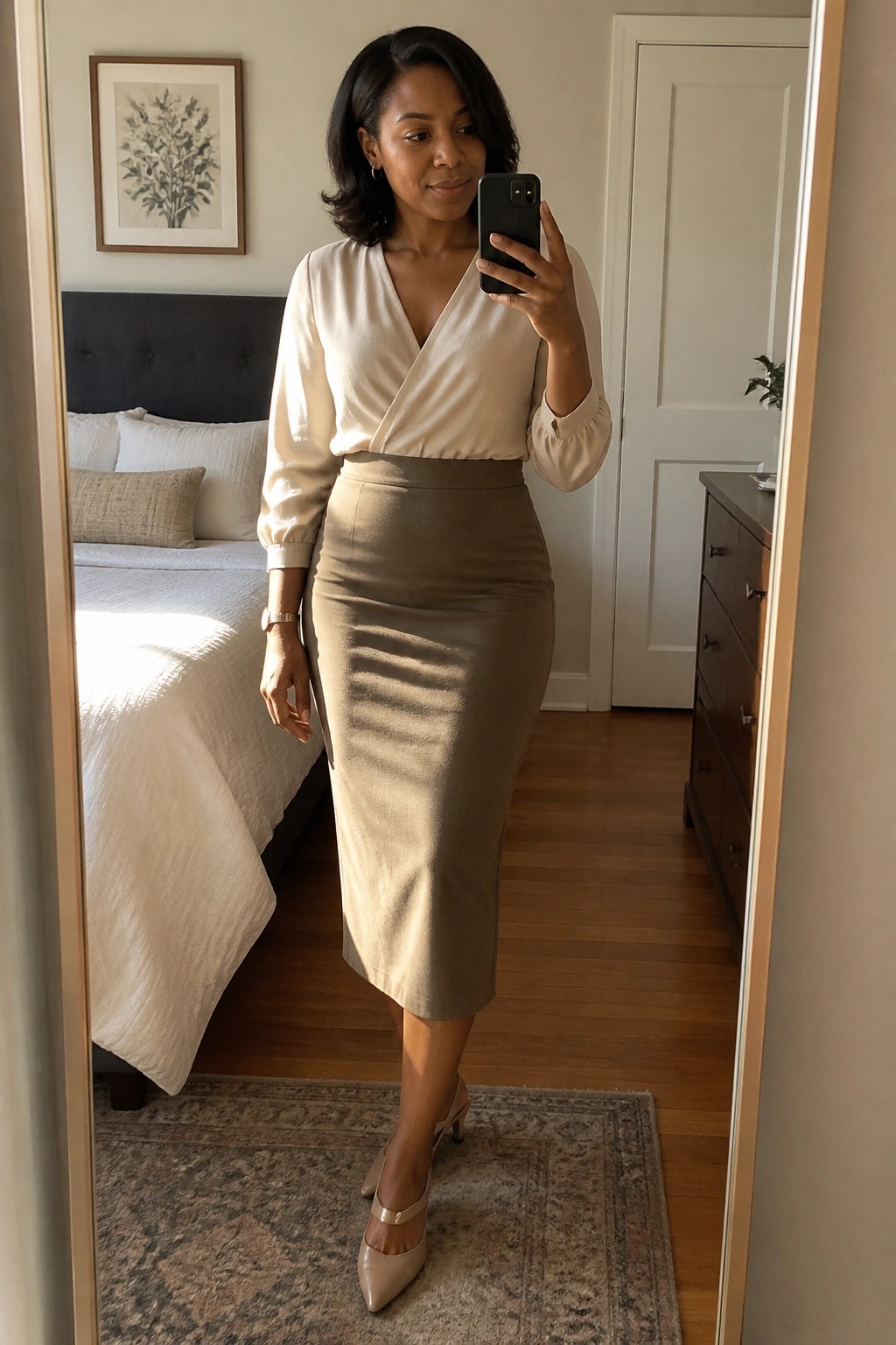 Woman in cream wrap blouse and taupe pencil skirt taking bedroom mirror selfie