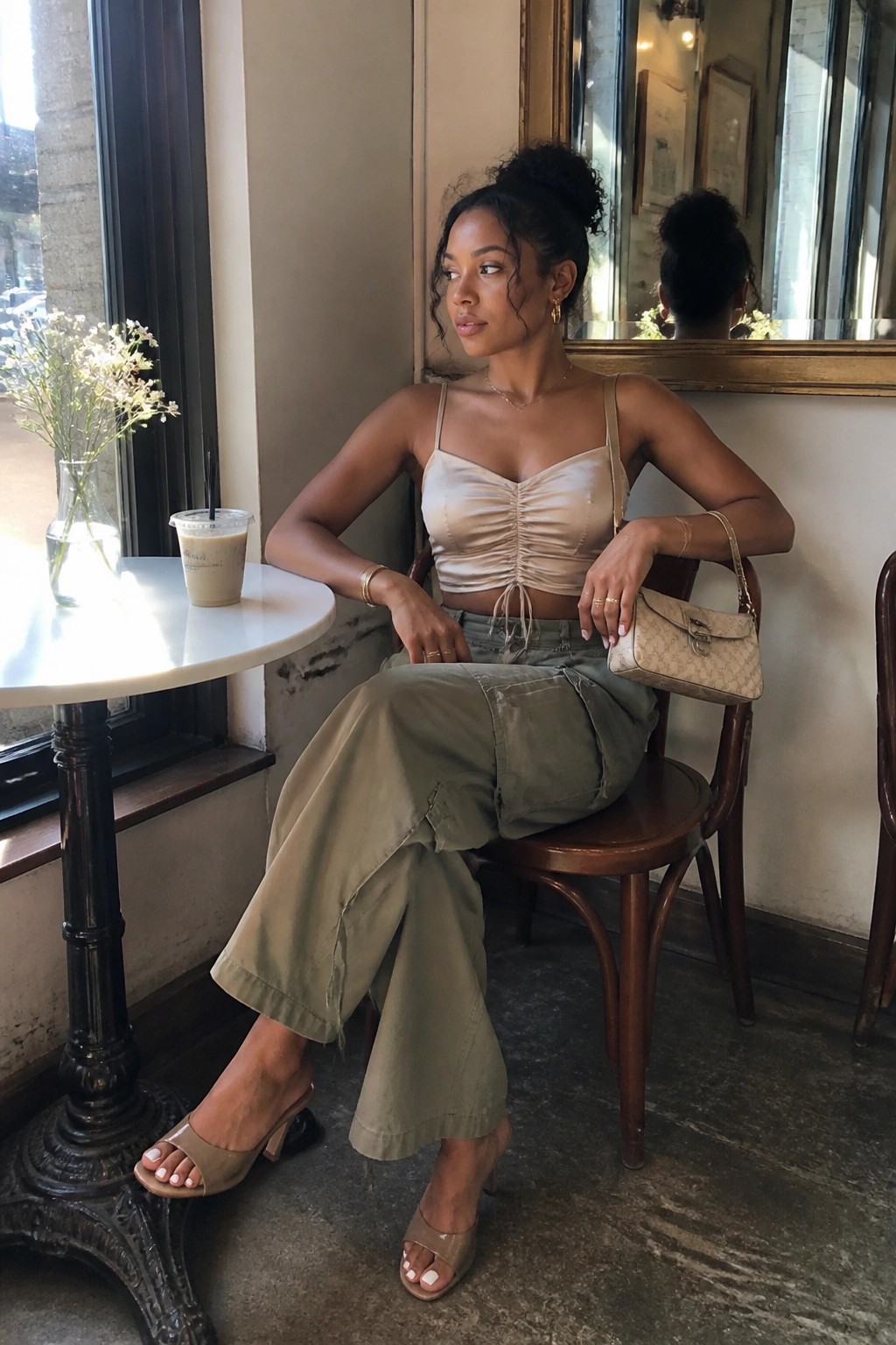 Woman in beige satin crop top and olive cargo pants seated in cafe by window