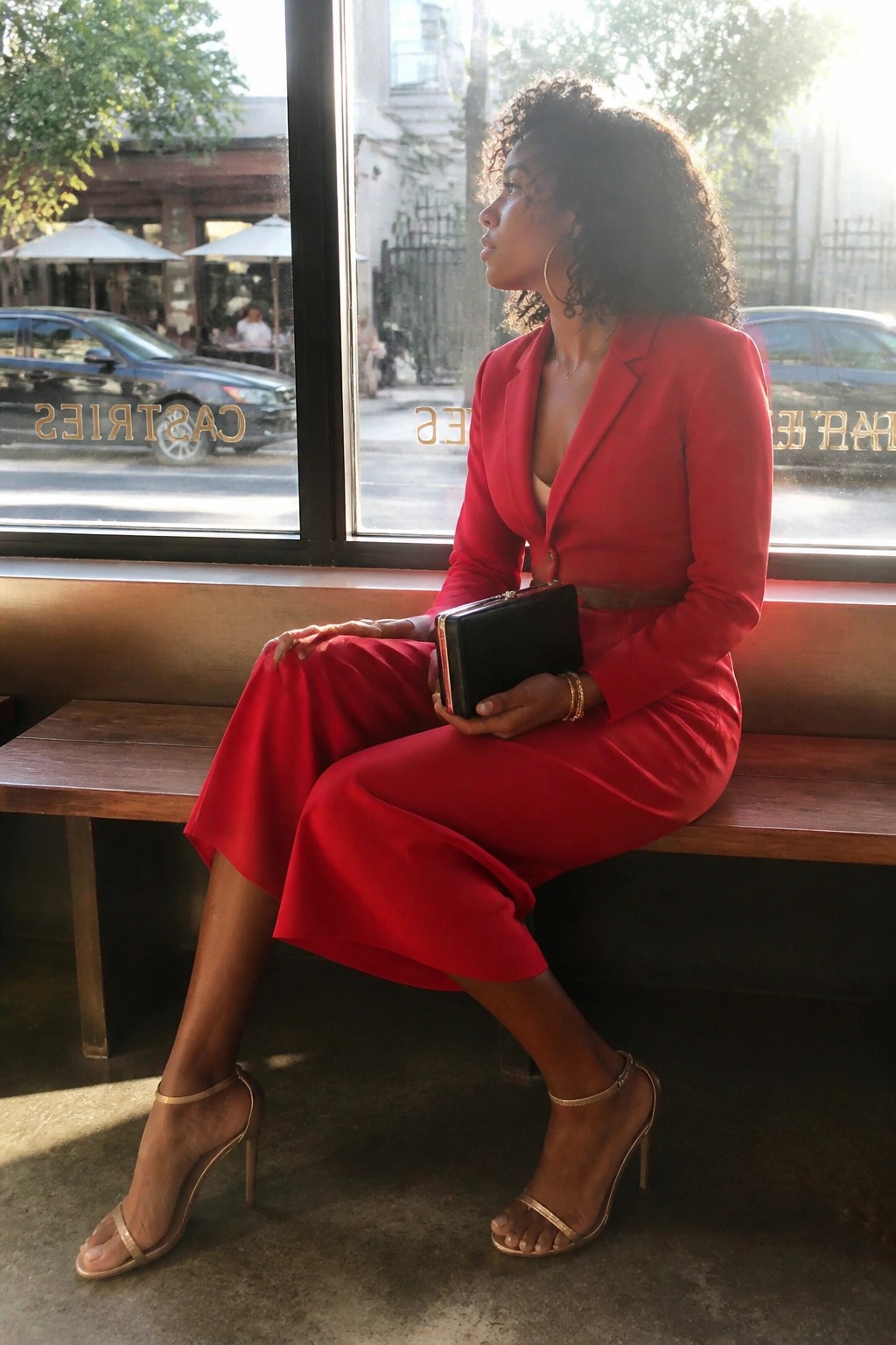 Woman in vibrant red cropped blazer and midi skirt set paired with gold strappy heels, gold jewelry, and black clutch while seated indoors.